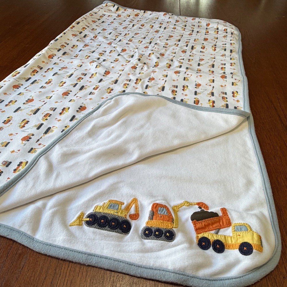 Vintage Gymboree Construction Vehicle Reversible Embroidered Cotton Baby Blanket